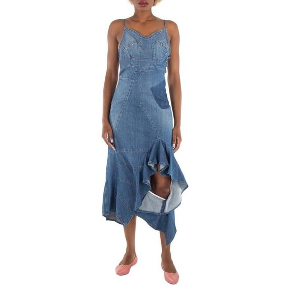 New Loewe Ladies Blue Denim Asymmetric Denim Ruffle Dress, Brand Size 3 - Picture 1 of 4